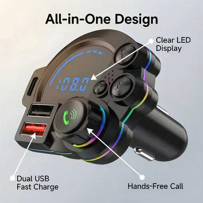 Bluetooth 5.3 Car Adapter Charger 4-Port Fast Charging PD36W QC3.0 18W Wireless FM Transmitter Deep Bass LED Backlit Hands-Free Calling USB Drive Support