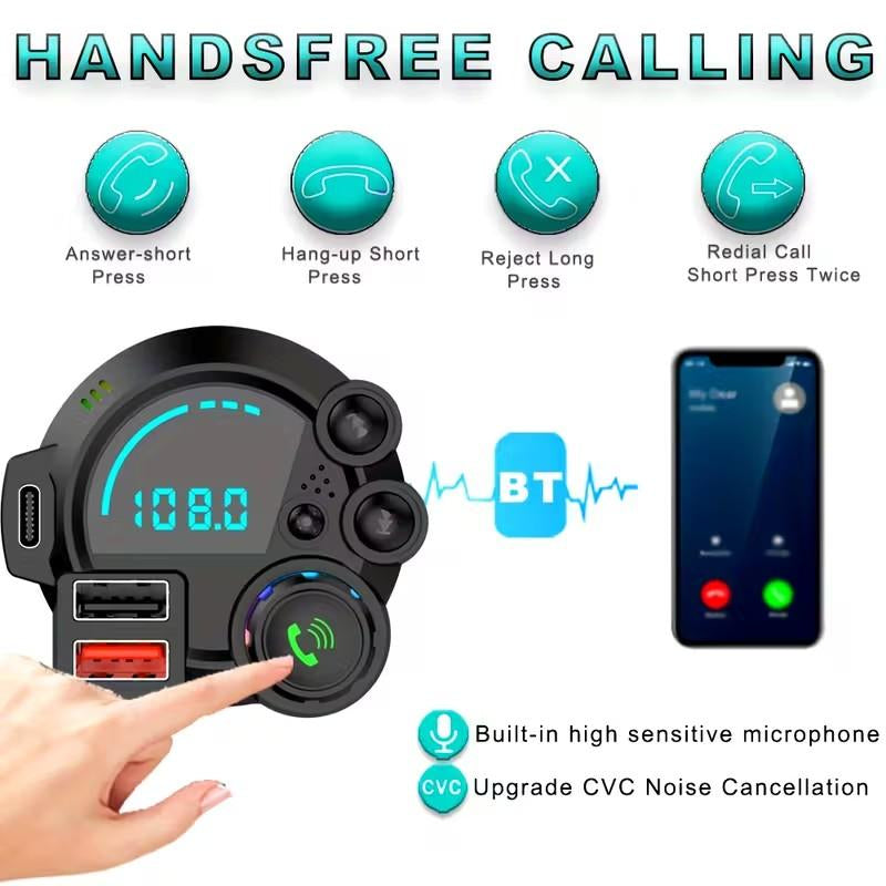 Bluetooth 5.3 Car Adapter Charger 4-Port Fast Charging PD36W QC3.0 18W Wireless FM Transmitter Deep Bass LED Backlit Hands-Free Calling USB Drive Support