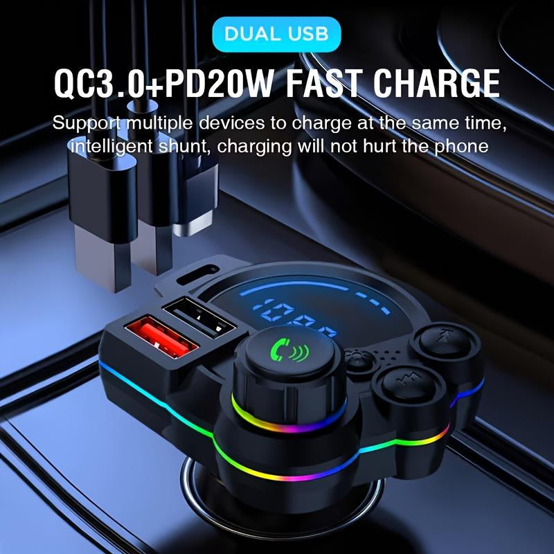 Bluetooth 5.3 Car Adapter Charger 4-Port Fast Charging PD36W QC3.0 18W Wireless FM Transmitter Deep Bass LED Backlit Hands-Free Calling USB Drive Support